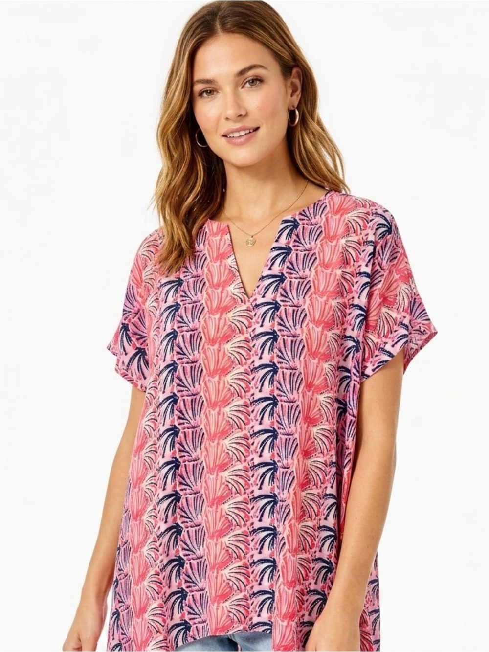 Simply Southern Pink and Navy Scallop Seashell Popover Top XL